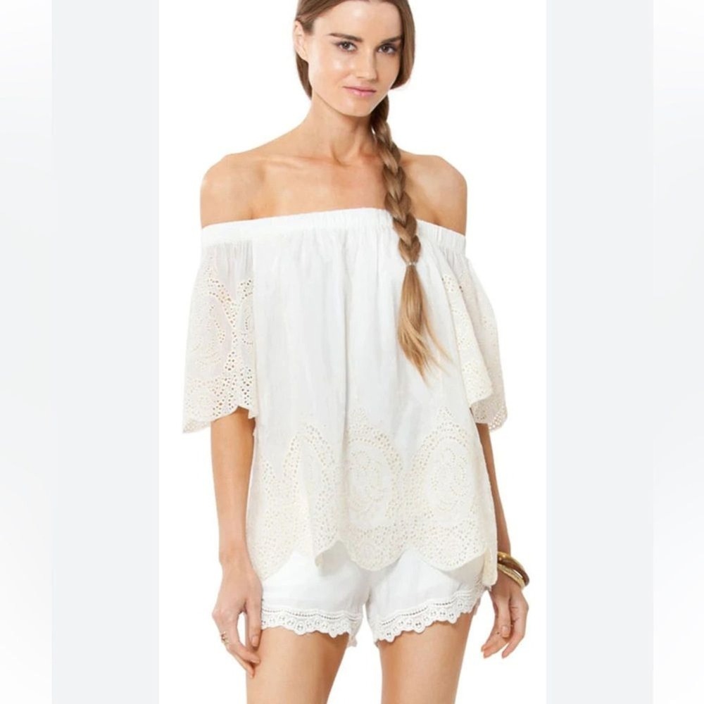 Hale Bob White Eyelet Off the Shoulder Scalloped Hem Boho Top Size M (770)